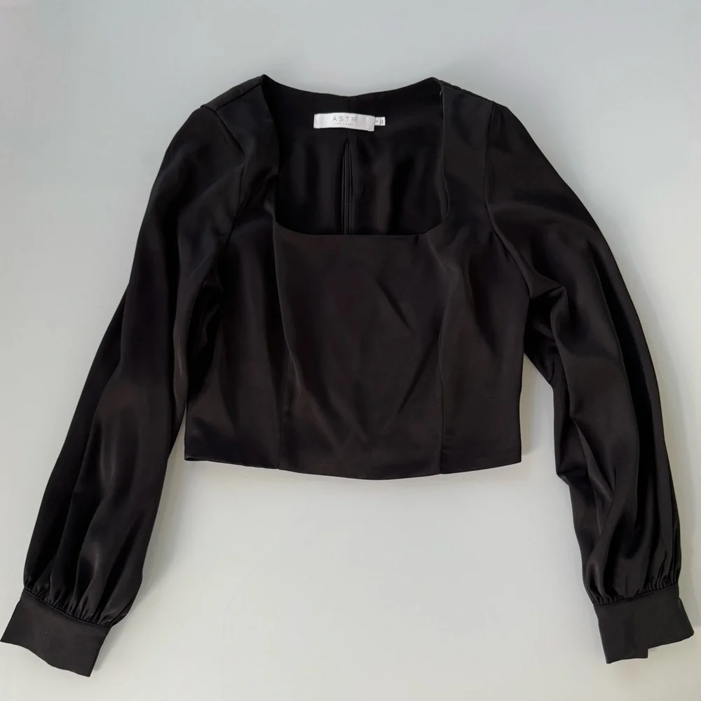 ASTR The Label Black Square Neck Puff Sleeve Crop Top Size S